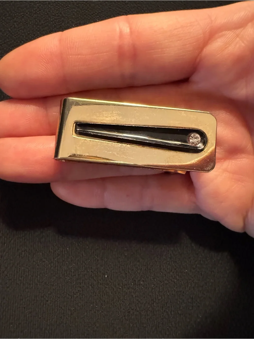 Signed W Gold Tone Black Inlay Crystal Accent Money Clip
